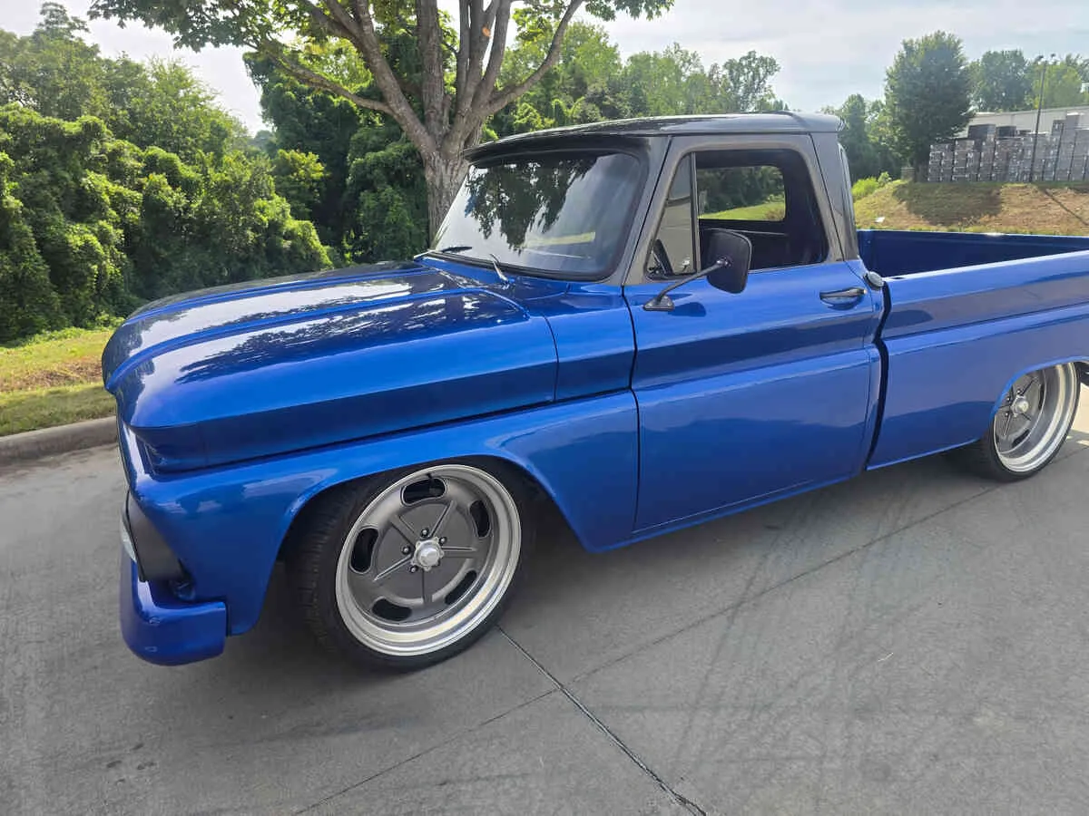 Custom blue Chevrolet C10 pickup truck prepared for professional enclosed shipping from Napa California to Charlotte North Carolina