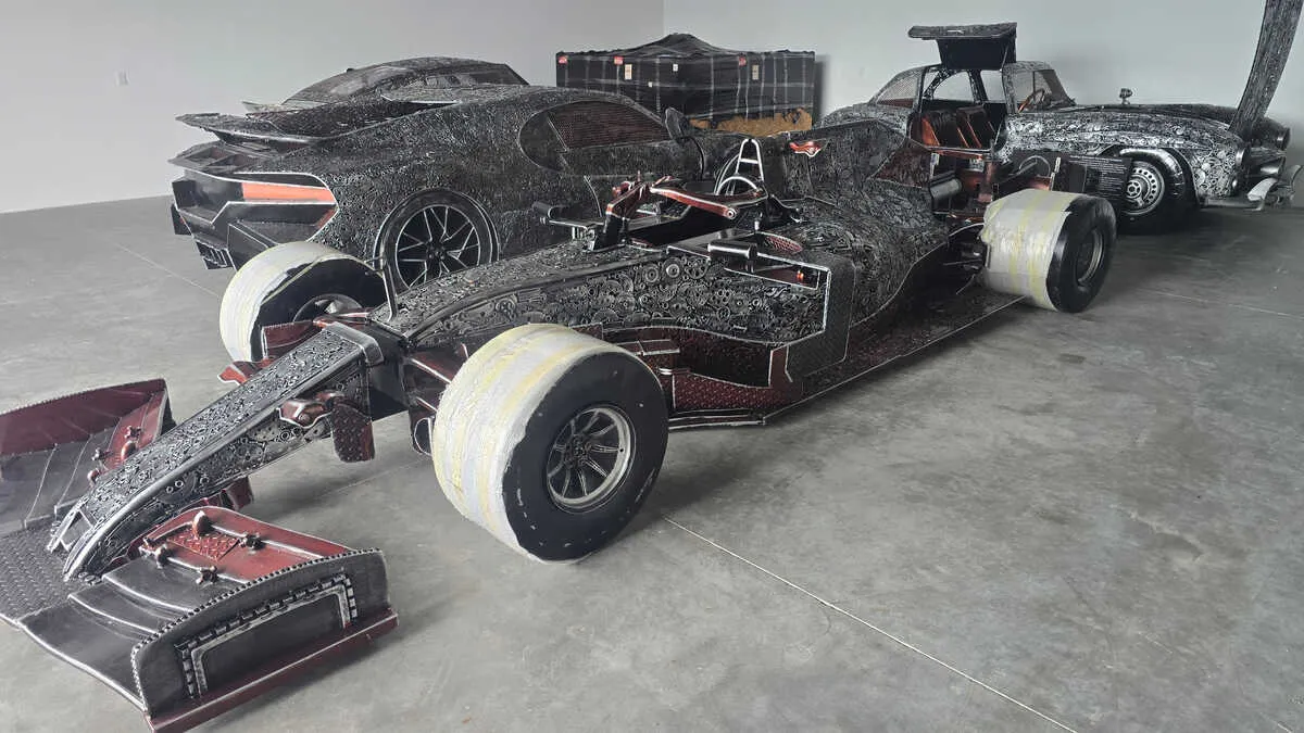 Custom F1 replica race car sculpture loaded for secure enclosed shipping from Las Vegas Nevada to Tampa Florida