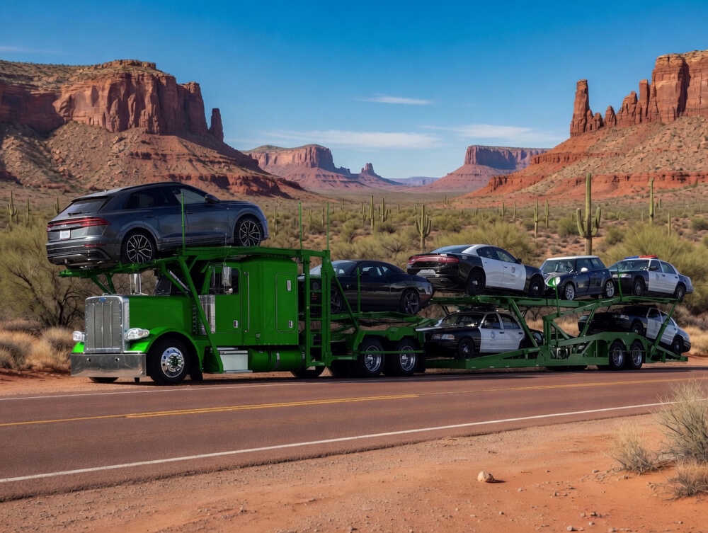 Green auto transport carrier loaded with vehicles on Arizona desert highway