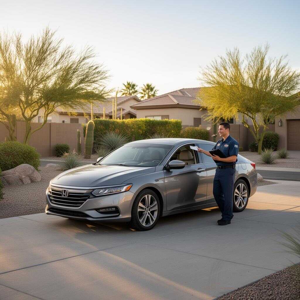 Professional auto transport driver inspecting vehicle for door-to-door car shipping pickup