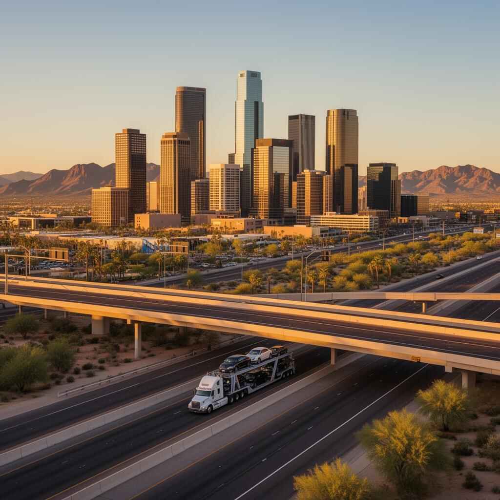 Phoenix Arizona downtown skyline with freeway interchange for car shipping routes