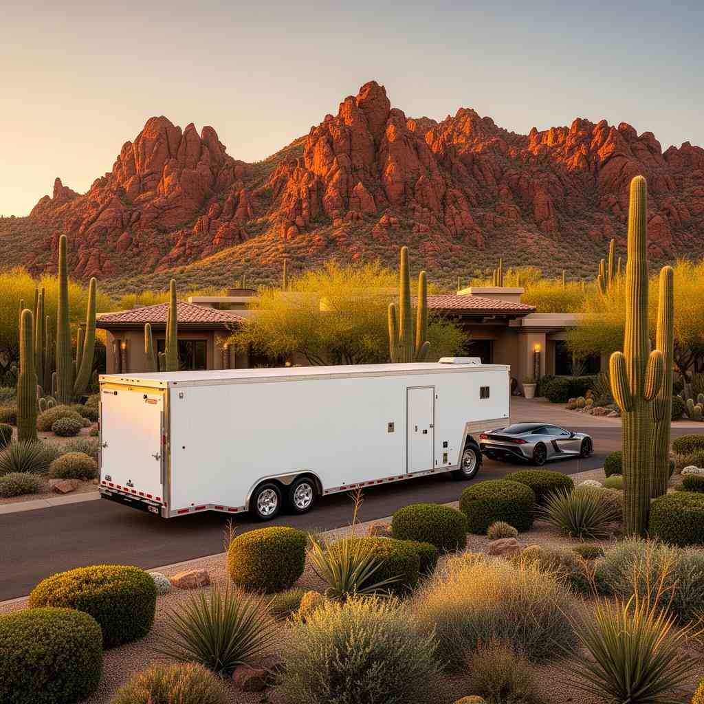 Enclosed auto transport trailer at Scottsdale Arizona luxury estate for high-end vehicle shipping
